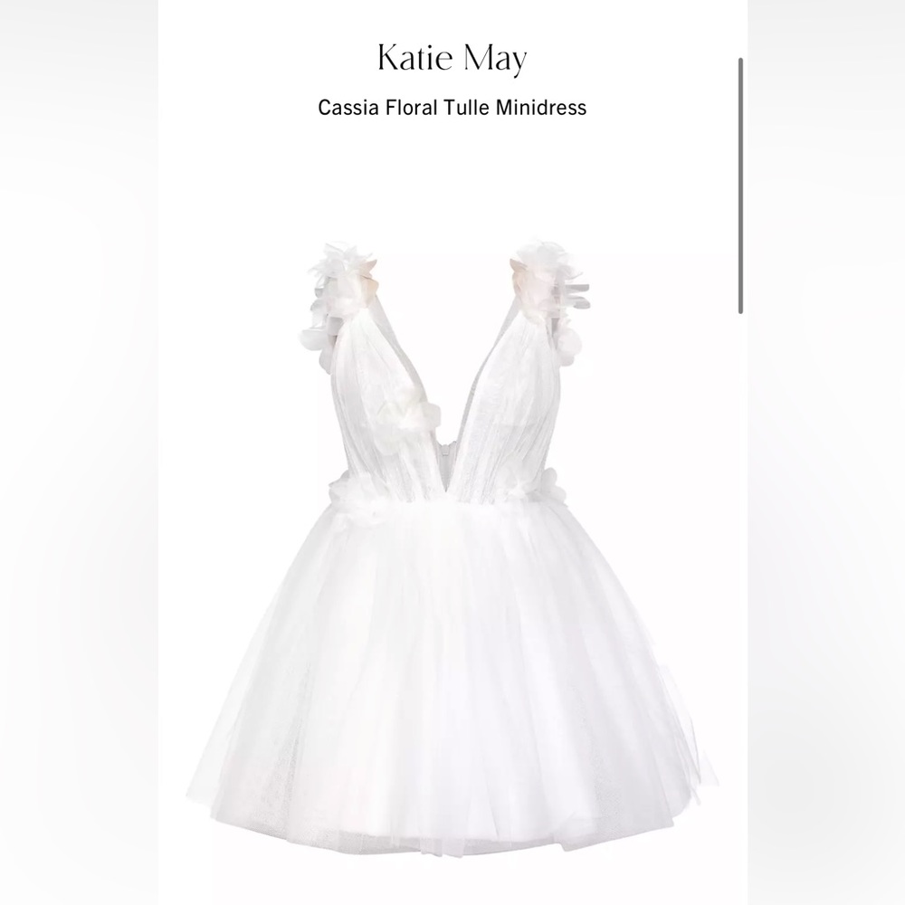 White tule mini dress with 3D floral details by Katie May